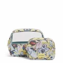 Vera Bradley Women's Recycled Lighten Up Reactive Cosmetic Makeup Organizer Set Bag, Sunny Garden, One Size