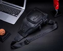 BULLCAPTAIN Men Sling Crossbody Bag With USB Charging Port Genuine Leather Shoulder Chest Bag Travel Hiking Backpack (Black) -Cole Haan Shop 41 SwePUIvL