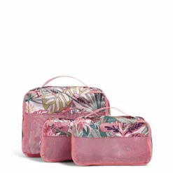 Vera Bradley Recycled Lighten Up Reactive Packing Cube Set, Rain Forest Canopy Coral