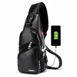 Seoky Rop Men's Leather Sling Bag Chest Crossbody Shoulder Bag With USB Charging Port Black