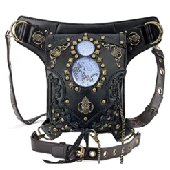 Gothic Waist Bag Fanny Pack Leather Steampunk Bag Side Bag Travel Purse Side Wallet Punk Rock Chain Leg Bag Crossbody Shoulder Messenger Bags Handbag Hip Holster Pouch For Women Girls (Black)