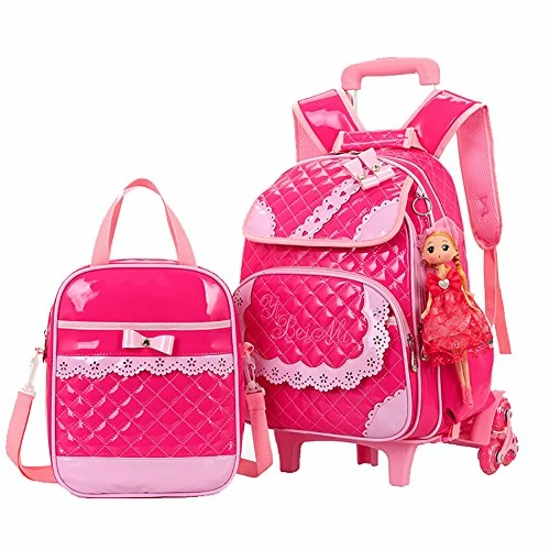 Meetbelify Rolling Backpacks For Girls School Bags Trolley Handbag With Lunch Bag Style B-Rose Red 2 Meetbelify Rolling Backpacks For Girls School Bags Trolley Handbag With Lunch Bag Style B-Rose Red - Image 2