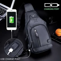 BULLCAPTAIN Men Sling Crossbody Bag With USB Charging Port Genuine Leather Shoulder Chest Bag Travel Hiking Backpack (Black) -Cole Haan Shop 51Kt8mxnovL