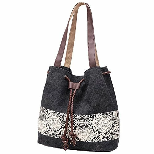 Hiigoo Printing Canvas Shoulder Bag Retro Casual Handbags Messenger Bags (Black) 2 Hiigoo Printing Canvas Shoulder Bag Retro Casual Handbags Messenger Bags (Black) - Image 2