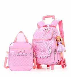 Meetbelify Rolling Backpacks For Girls School Bags Trolley Handbag With Lunch Bag Style B-Pink