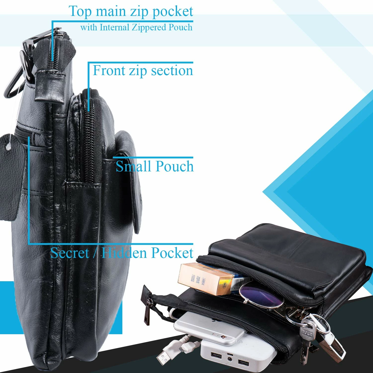 Pofomede Shoulder Bag Men, Small Cross Body Bag Messenger Purse Travel Bag Leather Multi-pocket Crossbody Wallet Satchel Handbag Casual Day Pack Organizer Carrying Bag Hiking Work Outdoor Sports Black 6 Pofomede Shoulder Bag Men, Small Cross Body Bag Messenger Purse Travel Bag Leather Multi-pocket Crossbody Wallet Satchel Handbag Casual Day Pack Organizer Carrying Bag Hiking Work Outdoor Sports Black - Image 6