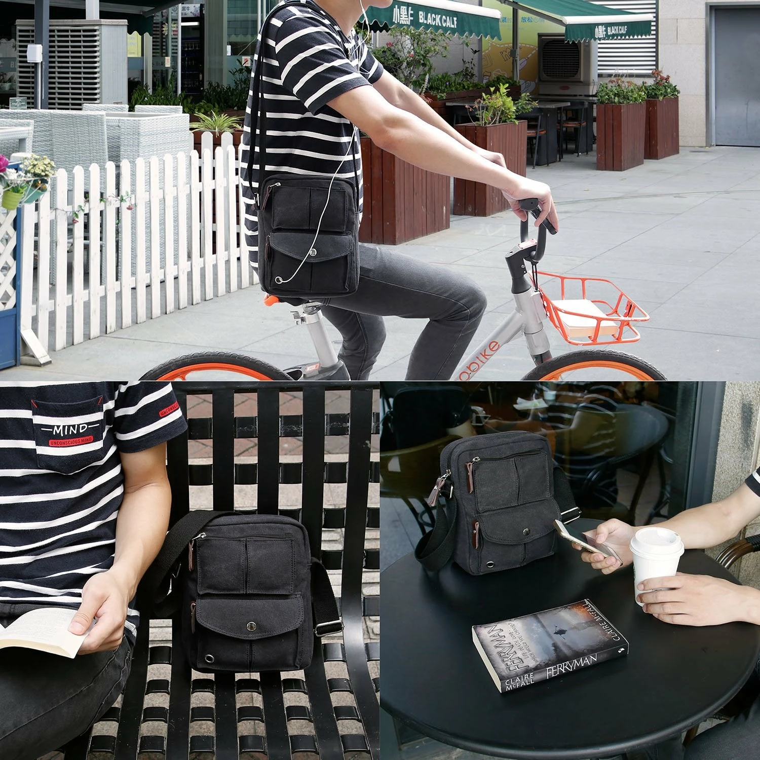 Catmacas Small Vintage Durable Multi-pocket Canvas Shoulder Ipad Messenger Bag Satchel Crossbody Sling Bag Fanny Bag For Men And Women Black 2 Catmacas Small Vintage Durable Multi-pocket Canvas Shoulder Ipad Messenger Bag Satchel Crossbody Sling Bag Fanny Bag For Men And Women Black - Image 2