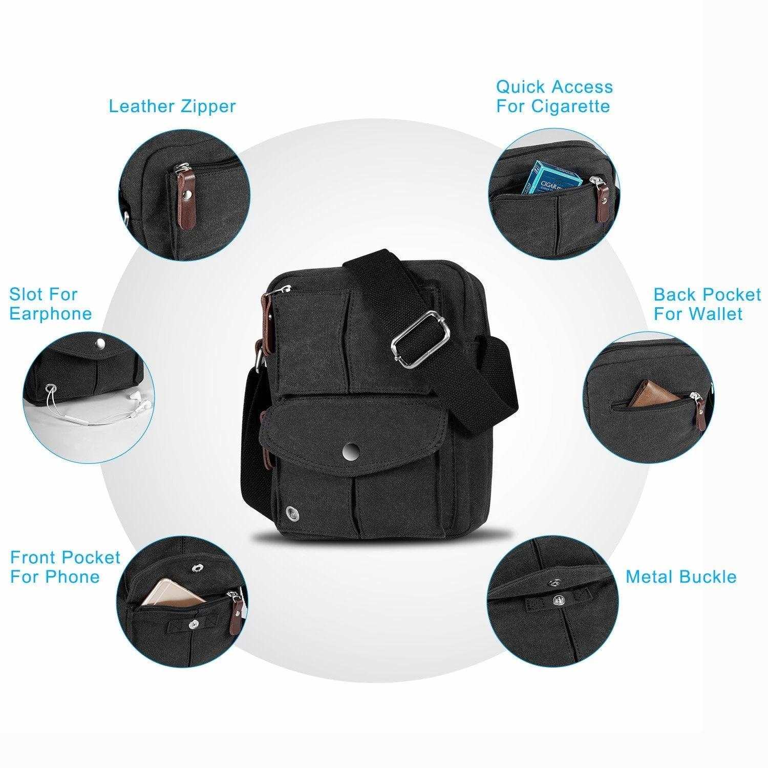 Catmacas Small Vintage Durable Multi-pocket Canvas Shoulder Ipad Messenger Bag Satchel Crossbody Sling Bag Fanny Bag For Men And Women Black 4 Catmacas Small Vintage Durable Multi-pocket Canvas Shoulder Ipad Messenger Bag Satchel Crossbody Sling Bag Fanny Bag For Men And Women Black - Image 4